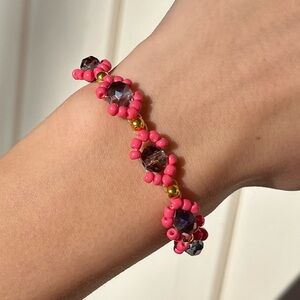 5 for $25 Handmade beaded pink & navy hourglass lobster claw clasp bracelet